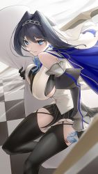 Rule 34 | 1girl, absurdres, black gloves, black hair, black thighhighs, blue bow, blue bowtie, blue cape, blue eyes, bottle, bow, bow earrings, bowtie, breasts, cape, chain, chain headband, closed mouth, detached sleeves, earrings, floating hair, gloves, hair intakes, head chain, highres, holding, holding bottle, holocure, hololive, hololive english, jewelry, large breasts, lips, looking at viewer, medium hair, ouro kronii, puffy sleeves, solo, somebody (leiking00), thighhighs, v-shaped eyebrows, virtual youtuber, water bottle