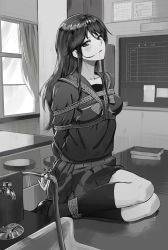 Rule 34 | 1girl, absurdres, arms behind back, artist request, bdsm, blush, bondage, book, bound, bound ankles, bound arms, check artist, classroom, collarbone, curtains, fingernails, greyscale, hair in own mouth, half-closed eyes, highres, indoors, long hair, monochrome, original, parted bangs, parted lips, rope, school uniform, serafuku, sharpffffff, shibari, shibari over clothes, sink, sitting, skirt, solo, stool, table, uniform, valve, window, yokozuwari