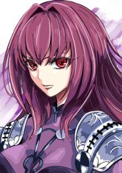 Rule 34 | 1girl, armor, eyebrows hidden by hair, fate/grand order, fate (series), long hair, looking at viewer, parted lips, pauldrons, portrait, purple hair, red eyes, scathach (fate), shoulder armor, solo, tsukikage oyama