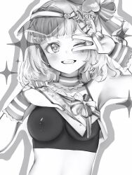Rule 34 | + +, 1girl, ;), absurdres, bare arms, bare shoulders, blunt bangs, breasts, character name, clothes lift, covered erect nipples, fang, greyscale, grin, hair ornament, hairclip, hand up, highres, hololive, looking at viewer, medium breasts, medium hair, momosuzu nene, momosuzu nene (cheerleader), monochrome, nanashi (nlo), one eye closed, shirt lift, simple background, smile, solo, sparkle, teeth, upper body, v over eye, virtual youtuber, visor cap, wrist cuffs