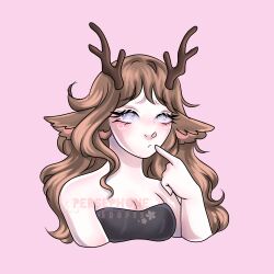 Rule 34 | 1girl, absurdres, animal ears, antlers, bare shoulders, black dress, breasts, brown hair, cleavage, commentary, deer antlers, deer ears, deer girl, dress, english commentary, finger to mouth, highres, horns, index finger raised, long hair, looking at viewer, original, persepholeeh, pink background, purple eyes, simple background, sleeveless, sleeveless dress, solo, upper body
