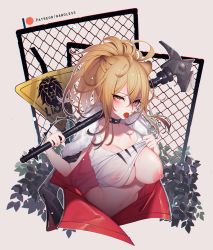 Rule 34 | 1girl, animal ears, arknights, blush, breasts, candy, cleavage, clothes lift, collar, fence, food, fur trim, hammer, holding, holding hammer, holding weapon, jacket, lifting own clothes, lion ears, lollipop, long hair, looking at viewer, nanoless, navel, nipples, over shoulder, ponytail, shirt lift, siege (arknights), solo, sweat, weapon, weapon over shoulder