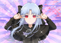 Rule 34 | 1girl, azami masurao, black bow, black coat, blue hair, bow, capelet, closed mouth, coat, commentary request, double v, emotional engine - full drive, empty eyes, expressionless, fate/grand order, fate (series), fur-trimmed capelet, fur trim, hair bow, highres, len (tsukihime), long sleeves, looking at viewer, melty blood, multicolored background, parody, parted bangs, pom pom (clothes), red eyes, sidelocks, solo, sparkle, tsukihime, upper body, v, winter clothes