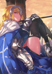 Rule 34 | 1girl, armor, armored dress, blonde hair, blue cape, blue dress, blue eyes, braid, breasts, cape, commentary request, dress, fate/grand order, fate (series), faulds, flag, gauntlets, hand on own knee, headpiece, high heels, holding, holding flag, jeanne d&#039;arc (fate), jeanne d&#039;arc (ruler) (fate), large breasts, legs up, long braid, long hair, looking at viewer, ohland, outdoors, plackart, single braid, sitting, sky, standard bearer, thighhighs, thighs, yellow sky
