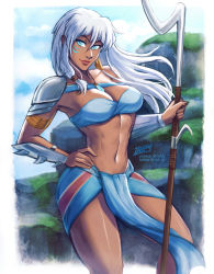 Rule 34 | 1girl, abs, armlet, atlantean, atlantis: the lost empire, bandeau, between breasts, blue bandeau, blue eyes, blue skirt, breasts, cleavage, contrapposto, dark-skinned female, dark skin, earrings, facial tattoo, holding, holding polearm, holding weapon, iahfy, jewelry, kidagakash, long hair, looking at viewer, medium breasts, navel, necklace, outdoors, pauldrons, pelvic curtain, pendant, polearm, shoulder armor, silver hair, single earring, single pauldron, skirt, smile, solo, spikes, standing, tattoo, thick thighs, thighs, toned, vambraces, weapon, wide hips