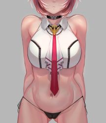 Rule 34 | 1girl, :o, abs, arms behind back, bare shoulders, black panties, breast zipper, breasts, collar, collarbone, collared shirt, crop top, highres, hololive, midriff, myth1carts, navel, necktie, panties, pink hair, shirt, shrugging, simple background, standing, takane lui, thong, underwear, virtual youtuber