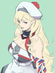 Rule 34 | 1girl, bare shoulders, beret, blonde hair, blue eyes, breasts, dress, green background, grey dress, hair between eyes, hat, highres, kantai collection, large breasts, long hair, looking at viewer, mole, mole under eye, mole under mouth, multicolored clothes, multicolored scarf, pom pom (clothes), richelieu (kancolle), scarf, shingyou (alexander-13), simple background, solo, strapless, strapless dress, two-tone dress, two-tone gloves, white hat
