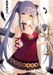 Rule 34 | 1girl, aozora nan, arm ribbon, bare shoulders, black choker, black feathers, black thighhighs, black wings, blurry, blurry background, blush, breasts, broken, broken chain, brown eyes, candle, candlestand, chain, choker, cleavage, closed mouth, collarbone, commentary request, depth of field, dress, feathered wings, feathers, fire, frilled dress, frills, grey hair, highres, holding, long hair, looking at viewer, medium breasts, mini wings, moe2020, nail polish, original, purple nails, red dress, red ribbon, ribbon, sidelocks, sleeveless, sleeveless dress, smile, solo, thighhighs, twintails, very long hair, wings