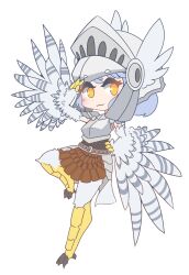 Rule 34 | 1girl, armor, belt, bird legs, blue hair, blush, breastplate, chainmail, chibi, commentary, commission, english commentary, faulds, grey feathers, hand on own hip, harpy, helmet, highres, leather skirt, looking at viewer, medium hair, monster girl, nn (eogks), original, pauldrons, salute, second-party source, shoulder armor, simple background, solo, talons, virtual youtuber, visor (armor), white background, winged arms, winged helmet, wings, yellow eyes