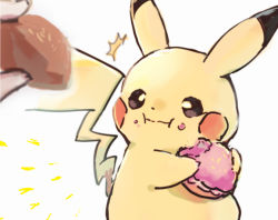 Rule 34 | 1other, :i, ^^^, bad id, bad pixiv id, brown eyes, closed mouth, commentary request, creatures (company), eating, food, food on face, game freak, gen 1 pokemon, holding, looking at object, looking to the side, nao (naaa 195), nintendo, pikachu, pokemon, pokemon (creature), white background