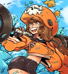 Rule 34 | 1girl, absurdres, anchor, arc system works, brown hair, clappingdonuts, dolphin, fish, gloves, guilty gear, guilty gear strive, hat, highres, hood, hoodie, may (guilty gear), orange eyes, shorts, tears, wide hips