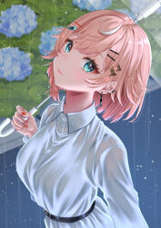 Rule 34 | 1girl, absurdres, belt, black belt, blue eyes, blue flower, breasts, closed mouth, collared dress, dress, earrings, eyelashes, flower, hair ornament, highres, indie virtual youtuber, jewelry, mary is mine, multicolored hair, natsuki tsubame, pink hair, rain, red nails, short hair, solo, streaked hair, symbol-shaped pupils, transparent, transparent umbrella, umbrella, virtual youtuber, white dress, white hair
