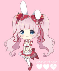Rule 34 | 1girl, :3, animal ears, apple hair ornament, apron, blue eyes, blush, bow, breasts, chibi, cleavage, closed mouth, commentary request, crop top, food-themed hair ornament, full body, garter straps, hair bow, hair ornament, hair ribbon, heart, heart hair ornament, long hair, looking at viewer, medium breasts, midriff, navel, neki (wakiko), original, pink background, pink hair, puffy short sleeves, puffy sleeves, rabbit ears, red bow, red footwear, red ribbon, red skirt, ribbon, see-through, see-through sleeves, shoes, short sleeves, simple background, skirt, solo, thighhighs, twintails, very long hair, waist apron, white apron, white thighhighs