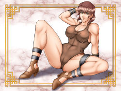 Rule 34 | 1girl, abs, bare shoulders, bracelet, breasts, brown hair, cleavage, female focus, full body, gensou suikoden, gensou suikoden ii, green eyes, high heels, highres, jewelry, kitamura (bamboo), leotard, muscular, oulan (suikoden), red hair, shoes, short hair, sitting, solo, thigh strap, wristband