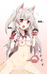 Rule 34 | 1boy, 1girl, animal ears, azur lane, bottomless, bow, breasts, claw pose, cowgirl position, crop top, crop top overhang, cum, cum in pussy, cum overflow, grey hair, hetero, highres, medium breasts, non-web source, ohno, red bow, red eyes, sex, shirt, straddling, tail, underboob, vaginal, white shirt, wolf ears, wolf girl, wolf tail, x-ray, yuudachi (azur lane)