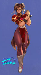 Rule 34 | 1990s (style), 1girl, alternate color, blue background, boots, bracelet, brown eyes, brown hair, capcom, chun-li, copyright name, cross-laced footwear, dated, david liu, double bun, full body, hair bun, highleg, highleg dress, highres, jewelry, pelvic curtain, retro artstyle, signature, simple background, smile, solo, spiked bracelet, spikes, street fighter, street fighter ii (series)