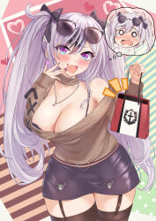 Rule 34 | 1girl, :d, azur lane, bag, bare shoulders, black bow, black hair, black skirt, black thighhighs, blush, bow, bra strap, breasts, brown sweater, choker, cleavage, commentary request, cowboy shot, earrings, elbe (azur lane), elbe (pure-hearted bad girl) (azur lane), fang, garter straps, grey hair, hair bow, highres, holding, holding bag, itaba atsushi, jewelry, large breasts, long hair, long sleeves, looking at viewer, miniskirt, multicolored hair, nail polish, necklace, off-shoulder sweater, off shoulder, official alternate costume, open mouth, purple eyes, purple nails, shopping bag, skirt, smile, solo, standing, streaked hair, sweater, thighhighs, thought bubble, two side up, very long hair