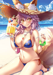 Rule 34 | 1girl, :q, animal ear fluff, animal ears, bangle, barefoot, beach, bikini, blue bikini, blue sky, blurry, blush, bracelet, breasts, cleavage, cloud, collarbone, covered erect nipples, cup, day, depth of field, fate/grand order, fate (series), food, fox ears, fox tail, fruit, groin, hair between eyes, halterneck, hat, heirou, holding, holding cup, holding spoon, ice cream, jewelry, large breasts, looking at viewer, messy hair, mug, navel, necklace, ocean, pink hair, sand, seiza, side-tie bikini bottom, sitting, skindentation, sky, smile, solo, spoon, stomach, straw hat, strawberry, string bikini, sundae, swimsuit, tail, tamamo (fate), tamamo no mae (fate/extra), tamamo no mae (swimsuit lancer) (fate), thighs, tongue, tongue out, wariza, waves, wet, yellow eyes