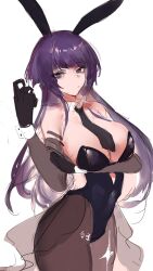 Rule 34 | 1girl, animal ears, arm under breasts, black gloves, black necktie, breasts, commission, covered navel, cowboy shot, dokuro deluxe, gloves, highres, large breasts, leotard, long hair, looking at viewer, necktie, original, pantyhose, playboy bunny, pout, purple eyes, purple hair, rabbit ears, solo, star (symbol), unfinished, wrist cuffs