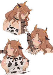 Rule 34 | 1boy, 1girl, absurdres, animal ears, animal print, apron, bar censor, black choker, black ribbon, blush, breasts, brown hair, censored, choker, cleavage, commentary request, cow ears, cow girl, cow horns, cow print, ear tag, erection, eyelashes, facial mark, fellatio, heart, heart facial mark, heart pasties, hetero, highres, horns, huge breasts, jintianhuahualema, licking, licking penis, medium hair, multiple views, naked apron, nipples, oral, original, parted bangs, pasties, penis, print apron, profile, purple eyes, ribbon, saliva, simple background, tongue, white background