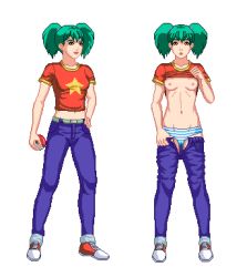 Rule 34 | 1girl, areola slip, blush, breasts, clothes lift, clothes pull, collarbone, creatures (company), denim, duplica (pokemon), game freak, green hair, jeans, lowres, nintendo, nipples, no bra, oekaki, panties, pants, pants pull, pikuretto, pixel art, pokemon, pokemon (anime), pokemon (classic anime), shirt lift, solo, standing, striped clothes, striped panties, sweat, thigh gap, thighs, twintails, underboob, underwear, undressing