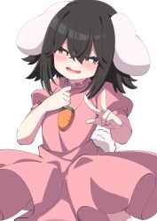 Rule 34 | 1girl, absurdres, animal ears, blush, carrot necklace, dress, fang, hair between eyes, highres, inaba tewi, jewelry, necklace, open mouth, pink dress, puffy short sleeves, puffy sleeves, rabbit ears, rabbit tail, red eyes, short hair, short sleeves, simple background, skin fang, solo, tail, touhou, tsukimirin, white background