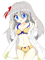 Rule 34 | 1girl, bare shoulders, blue eyes, blush, bow, bow bra, bow panties, bra, breasts, cleavage, collarbone, cowboy shot, daifuku (daifuku kosiann), embarrassed, female focus, grey hair, hair between eyes, hair bow, hands up, highres, long hair, long sleeves, navel, nose blush, off shoulder, open clothes, open mouth, open shirt, original, panties, peeing, peeing self, red bow, shirt, simple background, small breasts, solo, standing, sweat, tears, underwear, wet, wet clothes, wet panties, white background, white shirt, yellow bra, yellow panties