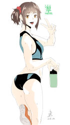 Rule 34 | 1girl, 2017, :d, ass, bad id, bad pixiv id, bottle, brown hair, dated, from side, kunami himehiko, looking at viewer, midriff, open mouth, original, scrunchie, side ponytail, simple background, smile, solo, sportswear, sweat, teeth, tongue, track uniform, v, water bottle, white background
