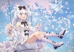 Rule 34 | 1girl, :d, animal ear fluff, animal ears, azur lane, bare shoulders, black bow, blue sky, boots, bow, cherry blossoms, cloud, commentary request, day, dress, fang, frilled dress, frills, hair bow, knee boots, long hair, long sleeves, looking away, madotsukumo, off shoulder, open mouth, orange eyes, outdoors, outstretched arms, petals, sidelocks, silver hair, sitting, sky, smile, solo, sparkle, swing, thighs, two side up, white dress, white footwear, wide sleeves, yukikaze (azur lane), yukikaze (sovereign of the swing) (azur lane)