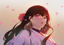 Rule 34 | 1girl, absurdres, beibei890841655, black hair, cherry blossoms, earrings, eyebrows hidden by hair, falling petals, hair between eyes, hair ribbon, highres, japanese clothes, jewelry, kimono, koinoya mai, long hair, looking away, open mouth, petals, propro production, red eyes, ribbon, solo, upper body, virtual youtuber