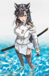 Rule 34 | 1girl, aiguillette, animal ear fluff, animal ears, atago (azur lane), azur lane, black hair, black thighhighs, breasts, brown eyes, buttons, closed mouth, epaulettes, extra ears, from above, garter straps, gloves, hair ribbon, highres, holding, holding sheath, holding sword, holding weapon, katana, kdm (ke dama), large breasts, lips, long hair, looking at viewer, medal, military, military uniform, miniskirt, mole, mole under eye, pencil skirt, ribbon, sheath, skirt, smile, solo, standing, swept bangs, sword, thighhighs, uniform, unsheathed, very long hair, water, weapon, white gloves, white ribbon