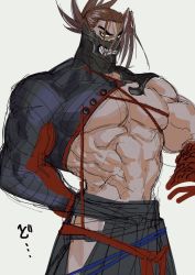 Rule 34 | 1boy, abs, bara, bare pectorals, brown hair, fate/grand order, fate (series), hair over one eye, hakama, hip vent, igote, japanese clothes, male focus, mask, muscular, muscular male, pectorals, rono z, solo, stomach, tanaka shinbei (fate)
