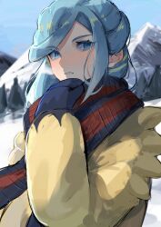Rule 34 | 1boy, absurdres, aqua eyes, aqua hair, blush, breath, cold, commentary request, creatures (company), day, eyelashes, game freak, grusha (pokemon), highres, jacket, kompeito1217, long hair, long sleeves, male focus, mittens, nintendo, outdoors, parted lips, pokemon, pokemon sv, scarf, sky, solo, striped clothes, striped scarf, upper body, yellow jacket
