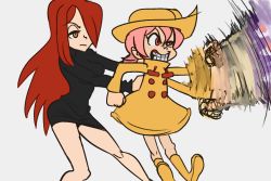 Rule 34 | 2girls, angry, boots, carrying, clenched hand, clenched teeth, cowboy shot, hair over one eye, hat, holding, hungern (skullgirls), long hair, motion blur, multiple girls, musclehakase, parasoul (skullgirls), pink hair, raincoat, red eyes, red hair, siblings, sisters, skirt, skullgirls, sweater, teeth, turtleneck, turtleneck sweater, umbrella (skullgirls), yellow eyes