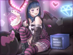 Rule 34 | 1girl, artist name, artist request, belt boots, black bow, black bowtie, black footwear, black vest, blue hair, blush, boots, bow, bowtie, candy, chain, checkered clothes, checkered skirt, demon hood, demon horns, demon tail, demon wings, detached sleeves, earrings, facial mark, female focus, food, garter straps, glint, gold chain, hair bun, heart, heart-shaped lollipop, high heel boots, high heels, highres, holding, holding candy, holding food, holding lollipop, holding wand, hood, hood up, hooded vest, hoodie, horns, jewelry, lace, lace-trimmed legwear, lace trim, leg up, lollipop, long hair, looking at viewer, love live!, love live! school idol festival, love live! school idol festival all stars, love live! sunshine!!, miniskirt, moli (moli 100592), nail polish, on chair, pink nails, pink thighhighs, plaid, plaid skirt, purple eyes, shaped lollipop, single hair bun, sitting, skirt, smile, solo, star (symbol), star earrings, striped clothes, striped thighhighs, tail, television, thighhighs, tsushima yoshiko, vest, wand, white skirt, wings