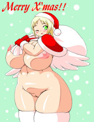 Rule 34 | 1girl, angel, blonde hair, breasts, christmas, cleft of venus, curvy, gigantic breasts, green eyes, halo, maruke, nipples, one eye closed, original, pussy, short hair, smile, solo, thick thighs, thighs, uncensored, wide hips, wings, wink