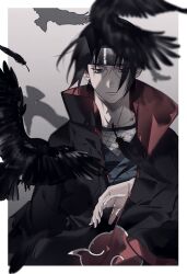 Rule 34 | 1boy, bird, black hair, black jacket, black shirt, border, closed mouth, cloud print, crow, empty eyes, facial mark, fishnet top, fishnets, grey background, grey eyes, headband, highres, itachi3413, jacket, jewelry, male focus, naruto (series), necklace, parted bangs, red jacket, shirt, short hair, solo, two-sided fabric, two-sided jacket, uchiha itachi, upper body, white border