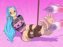 Rule 34 | 1girl, absurdres, arms behind back, barefoot, bdsm, blue hair, blush, bondage, bound, breasts, brown eyes, cloth gag, deaart, feathers, full body, gag, gagged, highres, improvised gag, medium breasts, nail polish, nefertari vivi, one piece, over the mouth gag, pink background, rope, source request, tape, tape bondage, tickling, toenail polish, toenails, variant set