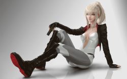 Rule 34 | 1girl, arm support, black gloves, blonde hair, blue eyes, boots, breasts, choker, cleavage, cropped jacket, fingerless gloves, gloves, gradient background, gun, handgun, jacket, leotard, lips, looking at viewer, medium breasts, open clothes, open jacket, original, pale skin, ponytail, raikoart, reflection, science fiction, short hair, sitting, smile, solo, tess turner, weapon
