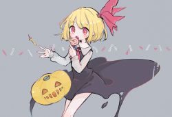 Rule 34 | 1girl, apple, black dress, blonde hair, candy, cartoon bone, collared shirt, commentary request, darkness, dress, fang, feet out of frame, food, fruit, grey shirt, hair ribbon, halloween, highres, jack-o&#039;-lantern, lollipop, long sleeves, looking at viewer, m (m073111), medium hair, open mouth, pinafore dress, red eyes, red ribbon, red tie, ribbon, rumia, shirt, signature, skin fang, sleeveless dress, solo, touhou