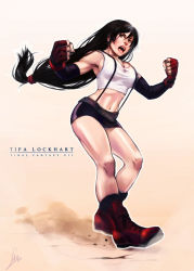 Rule 34 | 1990s (style), 1girl, breasts, brown eyes, brown hair, character name, clenched hand, clenched hands, copyright name, final fantasy, final fantasy vii, fingerless gloves, gloves, large breasts, lelia, lelia alvarez, lips, long hair, low-tied long hair, midriff, miniskirt, navel, pencil skirt, retro artstyle, skirt, solo, suspender skirt, suspenders, tank top, tifa lockhart