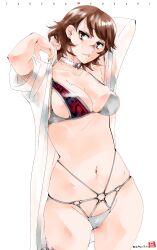 Rule 34 | 1girl, alternate costume, arm behind head, arms up, bikini, bikini under clothes, breasts, brown eyes, brown hair, character name, choker, cleavage, collarbone, commentary request, cowboy shot, earrings, heart, heart choker, highres, jewelry, looking at viewer, medium breasts, midriff, mike156, navel, o-ring, o-ring bikini, o-ring bottom, open clothes, open shirt, parted lips, partial commentary, persona, persona 3, persona 3 reload, s.e.e.s, see-through, see-through shirt, shirt, short hair, sideboob, signature, simple background, skindentation, solo, stomach, string bikini, stud earrings, swept bangs, swimsuit, takeba yukari, white background, white bikini, white choker, white shirt