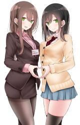 Rule 34 | 2girls, black hair, black skirt, black thighhighs, blue skirt, brown hair, brown pantyhose, closed mouth, collared shirt, commentary request, green eyes, highres, jk-chan (oouso), lanyard, long hair, long sleeves, looking at viewer, multiple girls, name tag, necktie, ol-chan (oouso), oouso, open mouth, original, pantyhose, pink shirt, pleated skirt, red necktie, shirt, simple background, skindentation, skirt, sleeves past wrists, sweater, thighhighs, white background, white shirt, yellow sweater