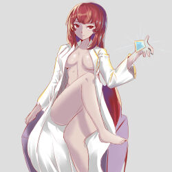 Rule 34 | 1girl, absurdres, barefoot, breasts, chinese commentary, closed mouth, convenient leg, crossed legs, crystal, expressionless, feet, foot out of frame, glowing, grey background, highres, holding, lab coat, lab coat, large breasts, long hair, long sleeves, looking up, mon-musu quest!, naked labcoat, promestein, red eyes, red hair, simple background, sitting, solo, toes, very long hair, xzmdsl