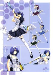 Rule 34 | 1girl, absurdres, black bow, blue eyes, blue hair, bow, character sheet, choker, concept art, dress, hammer, highres, holding, holding weapon, kouno itsuki, looking at viewer, maid, maid headdress, multiple views, non-web source, open mouth, phantom breaker, polearm, puffy short sleeves, puffy sleeves, short sleeves, simple background, standing, suzuhira hiro, thighhighs, variations, weapon, white dress, white thighhighs, wrist cuffs, zettai ryouiki