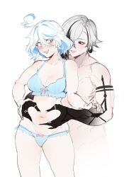 Rule 34 | 2girls, abs, alternate muscle size, arlecchino (genshin impact), belly grab, biceps, black hair, black hands, blue eyes, blue hair, blue lips, breasts, colored extremities, fingernails, furina (genshin impact), futanari, genshin impact, hair between eyes, height difference, highres, jewelry, long fingernails, long hair, looking at viewer, makeup, medium breasts, multicolored hair, multiple girls, muscular, muscular female, navel, red pupils, ring, scar, size difference, standing, stomach, symbol-shaped pupils, tall female, toned, topless, two-tone hair, white hair, wktfrv47n, x-shaped pupils