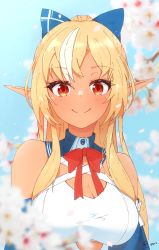 Rule 34 | 1girl, absurdres, blonde hair, bow, breasts, cherry blossoms, dark-skinned female, dark skin, highres, hololive, large breasts, long hair, orange eyes, pointy ears, ponytail, sen (sen42724788), shiranui flare, shiranui flare (1st costume), signature, smile, virtual youtuber