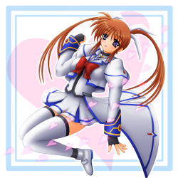 Rule 34 | 00s, 1girl, bow, clenched hand, fingerless gloves, gloves, heart, lyrical nanoha, magical girl, mahou shoujo lyrical nanoha, mahou shoujo lyrical nanoha strikers, purple eyes, red bow, red hair, solo, takamachi nanoha, takamachi nanoha (aggressor mode), thighhighs, twintails, waist cape, yamaguchi ugou