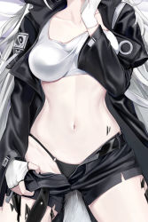Rule 34 | 1girl, arknights, bed sheet, black jacket, black nails, black panties, black shorts, breasts, chinese commentary, clothes pull, collarbone, cowboy shot, crop top, dakimakura (medium), fingerless gloves, from above, gloves, groin, head out of frame, jacket, jiushi shijiu, lappland (arknights), long hair, lying, material growth, medium breasts, midriff, nail polish, navel, o-ring, o-ring bottom, o-ring panties, on back, open clothes, open jacket, oripathy lesion (arknights), panties, short shorts, shorts, shorts pull, silver hair, solo, tail, tank top, thighs, underwear, white gloves, white tank top, wolf tail