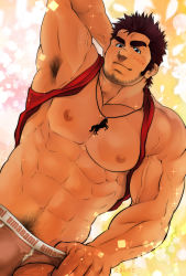 Rule 34 | 1boy, abs, armpits, bara, blush, clothes lift, highres, jewelry, large pectorals, male focus, manly, muscular, necklace, nipples, original, pectorals, shirt behind neck, shirt lift, sideburns, smile, solo, terujirou (masateruteru), thick eyebrows, undressing